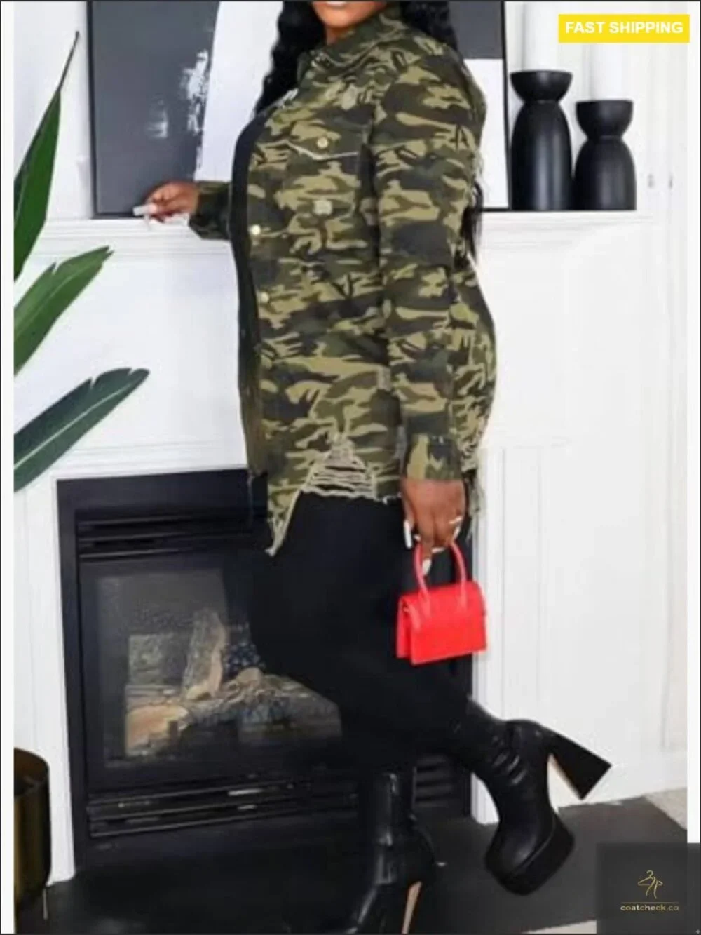 Camo Jacket with Pockets Long Sleeve Button Down Oversized Casual Outerwear Coat - Picture 4 of 5